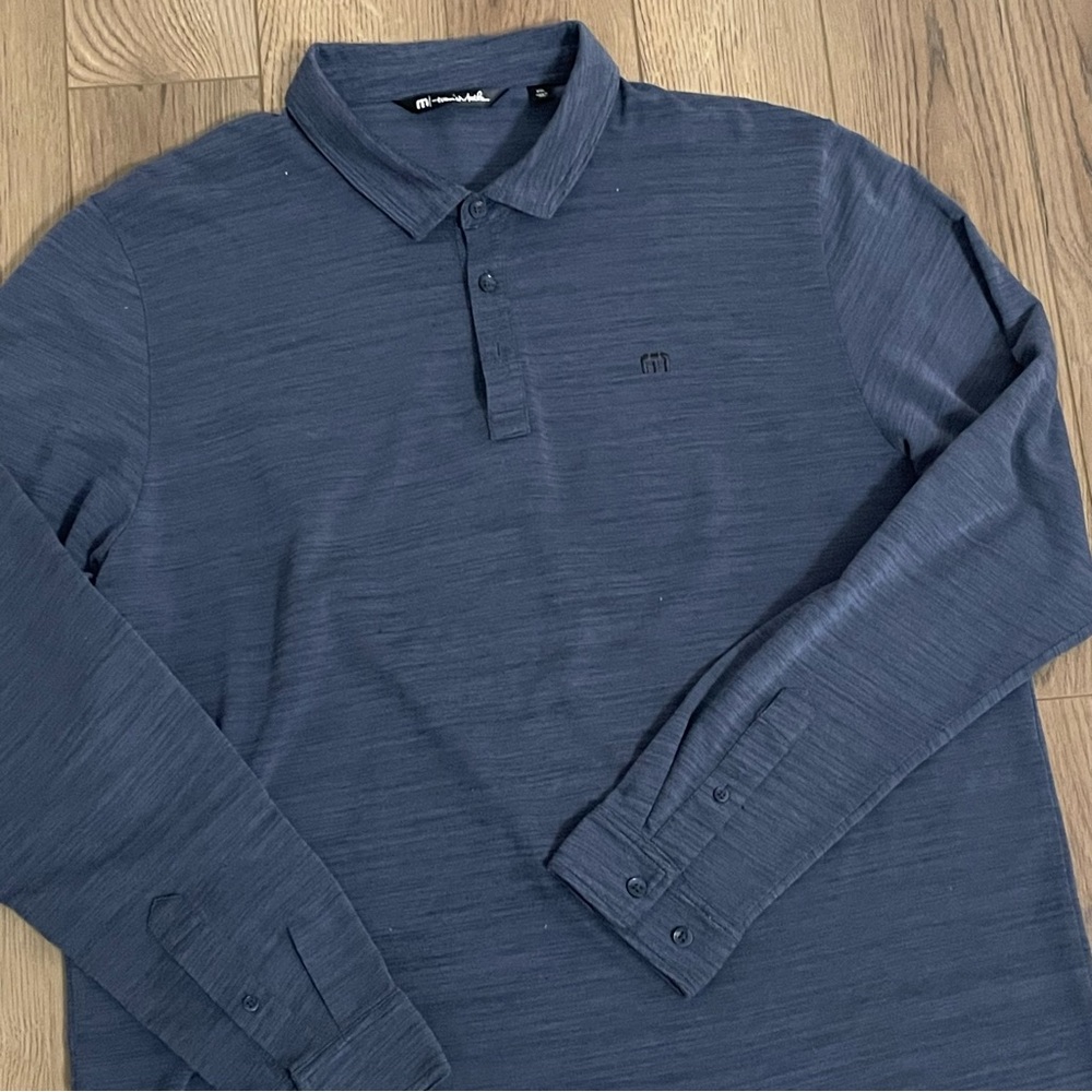 Travis Mathew Long Sleeve Golf Polo Shirt Heathered Blue